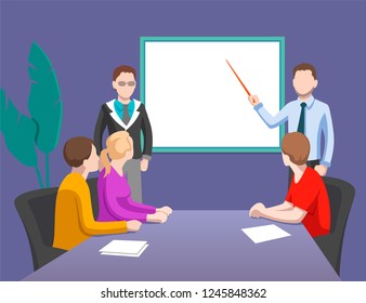 Two businessmen show a presentation on the screen to employees who sit at the table