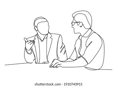 Two businessmen sitting and discussing business matters. Business executives working in their office. - Continuous one line drawing