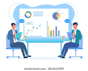 Zwei Geschäftsleute diskutieren ihre Angelegenheiten und analysieren ihre statistischen Leistungsdiagramme, farbige Vektorgrafik