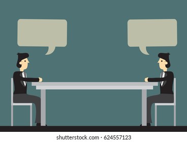 Two businessmen sitting at two ends of a long table with blank speech balloons for copy space. Cartoon vector illustration on business meeting.