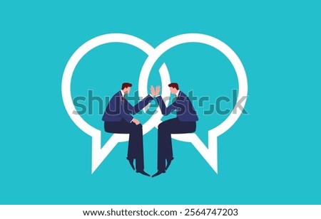 two businessmen sitting on intersecting speech bubbles giving high fives