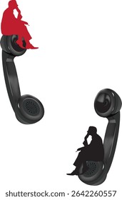Two businessmen are sitting on telephone receivers, pondering a solution