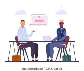Dois empresários sentados à mesa se engajam em uma entrevista de emprego, um fazendo perguntas enquanto o outro digita em um laptop, facilitando uma conversa profissional sobre o emprego em potencial