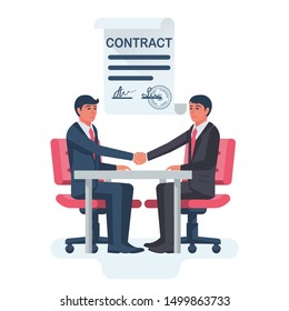 Two businessmen sitting at table shake hands after signing contract. Signature contract with stamp. Agreement of people to work together. Vector flat design. Partnership concept. Meeting cooperation.