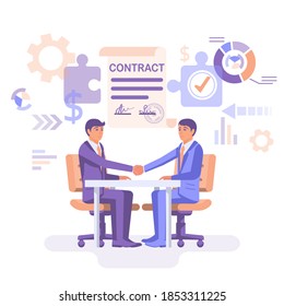 Two businessmen sitting at table shake hands after signing contract. Signature contract with stamp. Agreement of people to work together. Vector flat design. Partnership concept. Meeting cooperation.