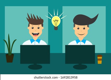 Two businessmen sitting working together getting a brilliant ideas from internet using their computers. A contemporary style with colorful green tint palette background. Eps Vector flat design