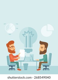 Two businessmen sitting working together getting a brilliant ideas from internet using their laptop. A contemporary style with pastel palette, soft blue tinted background. Vector flat design