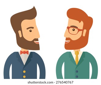 A two businessmen smiling to each other showing that they are happy for their business. A Contemporary style. Vector flat design illustration isolated white background. Square layout.