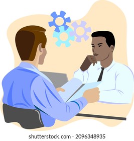 Two businessmen solve a difficult problem in the office at the computer Working discussion of men Vector illustration in flat style