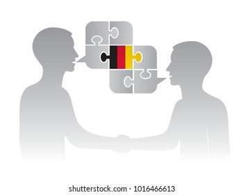 Two businessmen speaking German.
Illustration of two successful businessmen shaking hands on business meeting and puzzle speech bubble with german flag. Vector available.