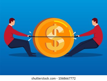 Two businessmen splitting coins with a saw