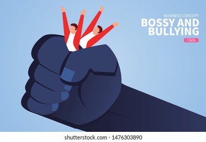 Two businessmen are squeezed by the giant in the hand