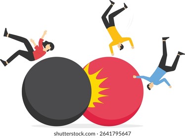 Two businessmen stand on the ball out of control and collide together, accident and conflict stock illustration

