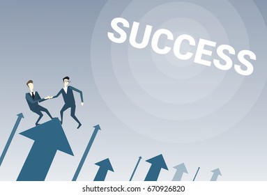 Two Businessmen Stand On Financial Arrow Up Holding Hands Successful Business Team Development Growth Vector Illustration