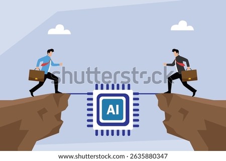 Two businessmen stand on opposite cliffs, with an AI microchip acting as a bridge between them - role of Artificial Intelligence in connecting and overcoming challenges in business