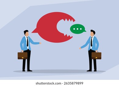 Two businessmen stand opposite a large, aggressive red speech bubble with teeth biting a smaller green speech bubble, symbolizing conflict, miscommunication, and aggressive dialogue