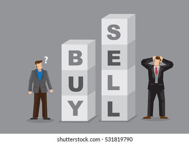 Two businessmen standing beside blocks with alphabets that form words Buy and Sell. Cartoon vector illustration on making buy and sell decision in businesses. 