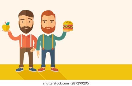 A two businessmen standing and comparing Apple to hamburger of which is healthy food. A Contemporary style with pastel palette, soft beige tinted background. Vector flat design illustration
