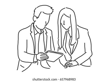Two businessmen are standing and discussing about work on a tablet  - line drawing vector illustration graphic design