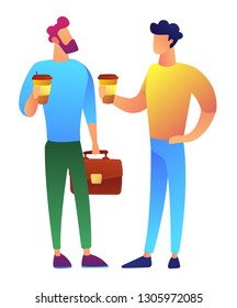 Dos hombres de negocios parados, bebiendo café y discutiendo algo. Intercambio de experiencias de negocios, pausa de café en negocios, conferencia de vida de oficina, concepto de colegas. Aislado sobre fondo blanco.