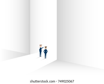 Two businessmen standing in front of a gate. Concept of business opportunities, challenge, vision and future. Vector illustration.
