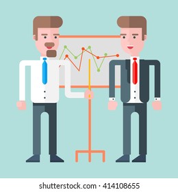 Two businessmen standing in front of whiteboard with graphs. Flat vector illustration. Lightblue background