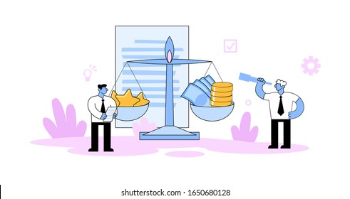 Dos hombres de negocios parados al lado de la balanza con estrellas y dinero. Competencia, evaluación comparativa, concepto de negocio de evaluación. Dibujo vectorial plano de caricatura. Aislado sobre fondo blanco.