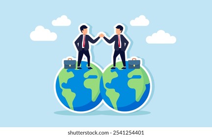 Dos hombres de negocios de pie en un globo, estrechando la mano, ilustración de Acuerdo en un contrato de negocios