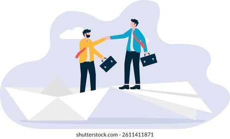 Two businessmen standing on a paper plane and working together

