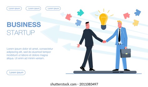 two businessmen standing on a smartphone and shaking hands, with a light bulb hanging above them, which symbolizes a new startup idea flat vector illustration