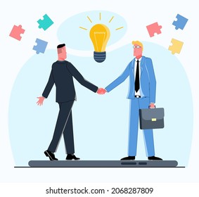 two businessmen standing on a smartphone and shaking hands, with a light bulb hanging above them, which symbolizes a new startup idea flat vector illustration