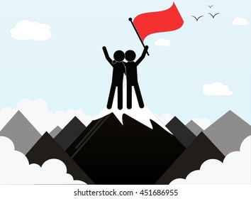 Two businessmen standing on top of a mountain. The concept of teamwork success. Vector.