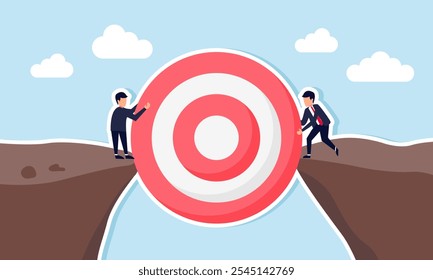 two businessmen standing at opposite ends of a cliff lifting a giant target board together, illustration of a joint venture to accomplish major business goals collaboratively