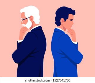 Two Businessmen Are Standing In Profile. A Guy In A Business Suit Is Thinks. An Old Man With Gray Hair Is Make A Decision. Problems. Vector Flat Illustration