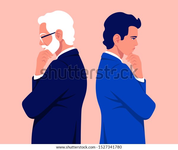 二人の実業家が横顔で立っている スーツを着た男が考える 白髪の老人が決める 問題 ベクターフラットイラスト のベクター画像素材 ロイヤリティフリー