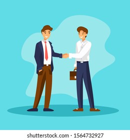 Two businessmen standing and shake hands. The partners came to an agreement and made a deal. Flat vector Illustration with cartoon characters.