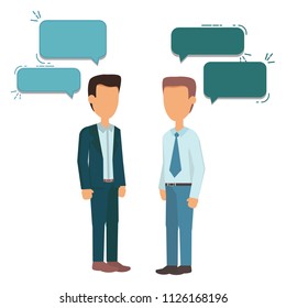 Two businessmen standing, talking, discussing negotiating.