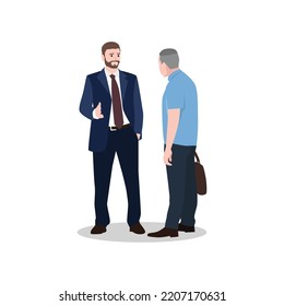 Two businessmen standing, talking, discussing negotiating communication. People conversation. Flat vector illustration isolated on white background