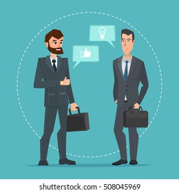 Two businessmen standing, talking, discussing negotiating. Business cartoon concept. Vector creative color illustrations flat design in flat modern style.