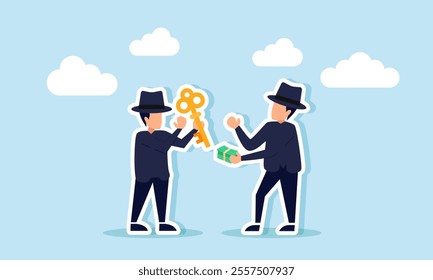Two businessmen, styled like mafia, carrying keys and cash, about to exchange them, illustration of a shady business deal involving illegal business solutions