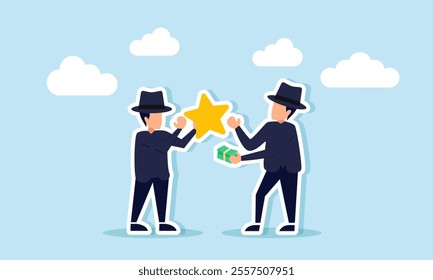 Two businessmen, styled like mafia, carrying stars and cash, about to exchange them, illustration of a shady business deal involving illegal rating and quality transactions