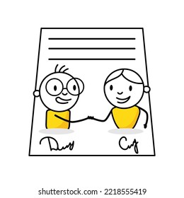 Two businessmen successfully signed a project cooperation agreement contract. Business deal or partnership, investment contract or job offer agreement concept. Vector stock illustration