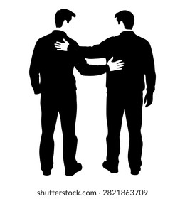 Two businessmen in suits exchanging a handshake and a pat on the shoulder, symbolizing agreement, partnership, or greeting in a professional setting.