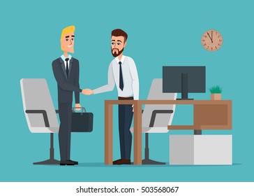 Two businessmen in suits are handshaking in the office near the workplace. Business concept. Vector creative color illustrations flat design in flat modern style.