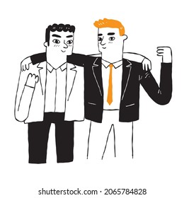 Two Businessmen In Suits Hugging Each Other, Hand Draw Vector Illustration.