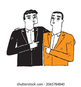 Two Businessmen In Suits Hugging Each Other, Hand Draw Vector Illustration.