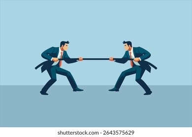 Two businessmen in suits and red ties competing in a tug of war, symbolizing business conflict, rivalry, or competition. Flat vector illustration with a clean, modern style and minimal background.