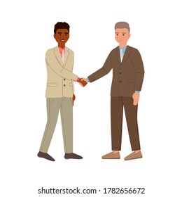Two businessmen in suits shaking hands make deal. Vector illustration of cartoon characters isolated on white background.
