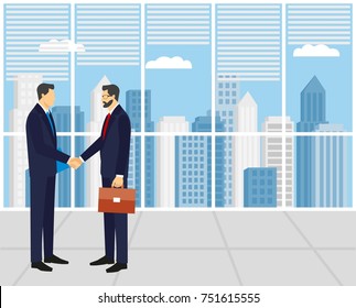 Two businessmen in suits shaking hands. to sign a contract . The concept of a successful transaction. 