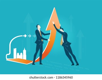 Two Businessmen supporting the growing up chart, arrow. Successful  way of business development. Advisory, support and business idea creation concept. 